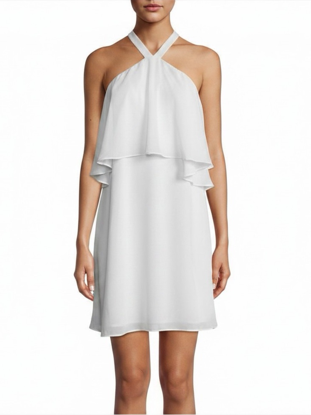 NWT | Krisa | Halter Ruffle Chiffon Mini Dress | Off White | Medium